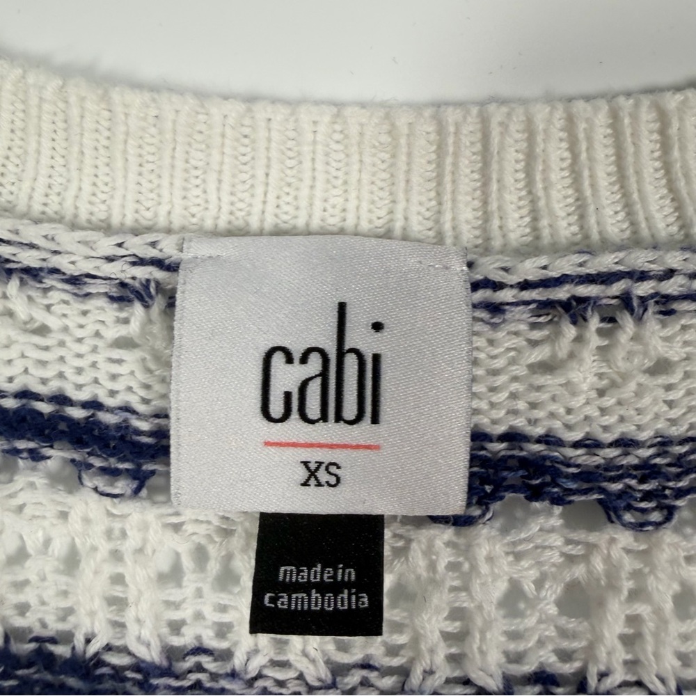 CAbi Women's Open Knit V-Neck Sweater Navy and White Stripes Size XS Oversized - Picture 2 of 7